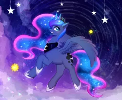 Size: 1280x1046 | Tagged: safe, artist:hosikawa, derpibooru import, princess luna, alicorn, pony, crown, cute, ethereal mane, female, glowing horn, horn, jewelry, lunabetes, mare, open mouth, profile, regalia, solo, spread wings, starry mane, stars, wings