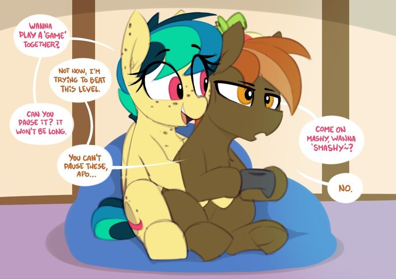 Size: 1108x781 | Tagged: suggestive, artist:shinodage, derpibooru import, button mash, oc, oc:apogee, earth pony, pegasus, pony, asking for it, body freckles, buttongee, canon x oc, colt, controller, dialogue, ear freckles, female, filly, freckles, hoof hold, hug, hug from behind, implied foalcon, lemme smash, male, no way fag, priorities, propositioning, shipping, shipping denied, sitting, straight, teenager, thirsty, underhoof