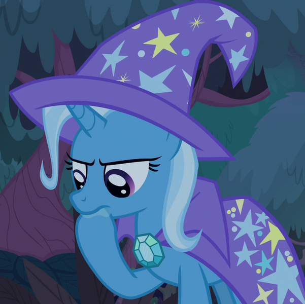 Size: 721x720 | Tagged: safe, derpibooru import, screencap, trixie, unicorn, student counsel, cape, clothes, cropped, female, hat, hoof in mouth, mare, stars, tree