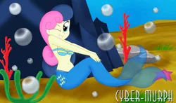 Size: 2448x1440 | Tagged: safe, artist:cyber-murph, derpibooru import, bon bon, sweetie drops, mermaid, starfish, equestria girls, belly, belly button, bubble, coral, mermaidized, midriff, one eye closed, rock, seaweed, shell bra, signature, sitting, smiling, species swap, underwater, wink