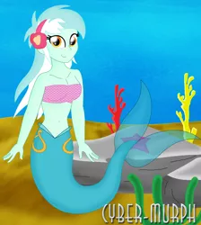Size: 1710x1908 | Tagged: safe, artist:cyber-murph, derpibooru import, lyra heartstrings, mermaid, equestria girls, bandeau, belly, belly button, coral, cute, hairband, looking at you, lyrabetes, mermaidized, midriff, rock, scales, seaweed, signature, smiling, smiling at you, species swap, tube top, underwater