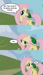 Size: 640x1104 | Tagged: safe, derpibooru import, edit, edited screencap, screencap, fluttershy, pegasus, pony, friendship is magic, 3 panel comic, caption, comic, dialogue balloon, female, google translate, image macro, implied patricide, koopa shell, koops, mare, meme, paper mario, paper mario: the thousand year door, screencap comic, solo, text, this will end in patricide, turtle shell