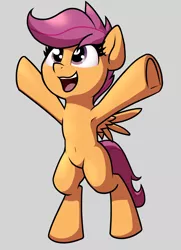 Size: 1022x1415 | Tagged: armpits, artist:wenni, belly button, blank flank, cute, cutealoo, derpibooru import, female, filly, happy, mare, open mouth, pegasus, safe, scootaloo, semi-anthro, smiling, solo, spread wings, underhoof, wings