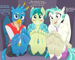 Size: 1397x1113 | Tagged: suggestive, artist:caroo, derpibooru import, gallus, sandbar, terramar, anthro, classical hippogriff, earth pony, gryphon, hippogriff, plantigrade anthro, blushing, clothes, cute, dialogue, feet, female, female pov, fetish, foal, foot fetish, foot focus, gallabetes, grin, looking at you, male, male feet, males only, offscreen character, open mouth, partial nudity, pov, sandabetes, smiling, soles, terrabetes, toe ring, toes, topless, trio, trio male, wiggling toes