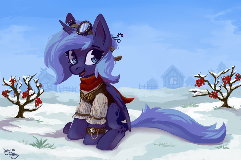 Size: 3000x2000 | Tagged: safe, artist:amy-gamy, derpibooru import, princess luna, alicorn, pony, clothes, cute, digital art, female, filly, goggles, high res, lunabetes, s1 luna, sitting, smiling, snow, solo, steampunk, watch, winter, woona, wristwatch, younger