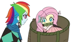 Size: 2560x1440 | Tagged: safe, artist:iamsheila, derpibooru import, fluttershy, rainbow dash, demon, equestria girls, anime, clothes, cosplay, costume, demon slayer, kimetsu no yaiba, mouth hold, nezuko kamado, tanjiro kamado