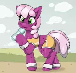 Size: 3436x3331 | Tagged: safe, artist:pabbley, derpibooru import, cheerilee, earth pony, pony, cheeribetes, clothes, cute, drink, drinking, ear fluff, female, high res, mare, shorts, solo, sweat, sweatband, water