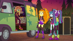 Size: 1920x1080 | Tagged: safe, derpibooru import, edit, edited screencap, screencap, adagio dazzle, aria blaze, sonata dusk, sunset shimmer, equestria girls, equestria girls series, sunset's backstage pass!, spoiler:eqg series (season 2), animated, clothes, converse, crossover, five nights at freddy's, golden lockjaw, lockjaw, music festival outfit, shoes, sound, sunset sees things, the return to freddy's, the return to freddy's 5, torture lockjaw, webm