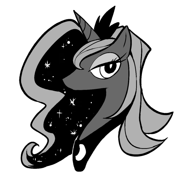 Size: 600x600 | Tagged: safe, artist:rariatoo, derpibooru import, princess luna, alicorn, pony, grayscale, looking at you, lune, monochrome, portraot, profile, simple background, solo, white background
