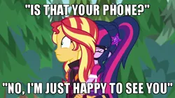 Size: 600x338 | Tagged: suggestive, derpibooru import, edit, edited screencap, screencap, sci-twi, sunset shimmer, twilight sparkle, equestria girls, equestria girls series, sunset's backstage pass!, spoiler:eqg series (season 2), caption, image macro, implied futa, implied lesbian, implied shipping, implied sunsetsparkle, meme, text