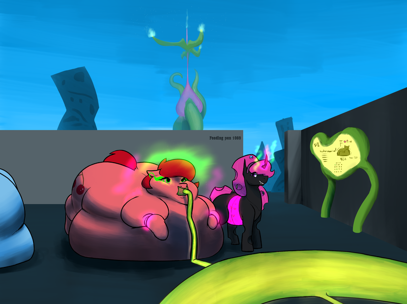 Size: 3076x2300 | Tagged: artist:soft-grounds, belly, belly bed, big belly, changeling, changeling oc, derpibooru import, fat, feeding tube, hallucination, huge belly, immobile, impossibly large belly, mind control, morbidly obese, obese, oc, pink changeling, questionable, stuffing, unofficial characters only, weight gain