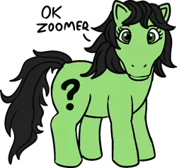 Size: 955x905 | Tagged: safe, alternate version, artist:poniidesu, derpibooru import, oc, oc:anonfilly, unofficial characters only, earth pony, pony, /mlp/, cute, drawthread, female, filly, g1, looking at you, ocbetes, ok boomer, ok zoomer, simple background, solo, text, transparent background