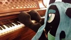 Size: 800x450 | Tagged: artist:agatrix, changeling, changeling queen, derpibooru import, female, irl, music, musical instrument, photo, piano, playing instrument, plushie, queen chrysalis, raised hoof, safe, solo