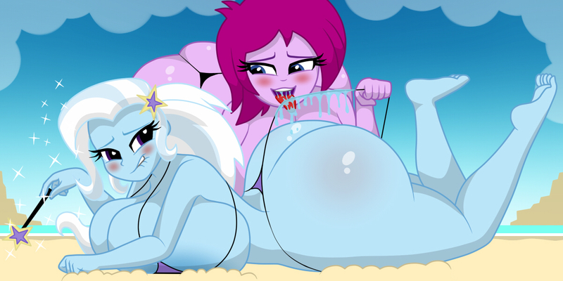 Size: 1200x600 | Tagged: questionable, alternate version, artist:mashoart, derpibooru import, fuchsia blush, trixie, equestria girls, ass, barefoot, beach, beach babe, big breasts, bikini, bikini babe, blushing, breasts, busty trixie, butt, clothes, drool, feet, female, huge breasts, huge butt, impossibly large breasts, impossibly large butt, large butt, lesbian, lip bite, looking back, looking over shoulder, magic wand, micro bikini, shipping, swimsuit, the ass was fat, the great and powerful ass, thick, thighs, thunder thighs, trixieblush