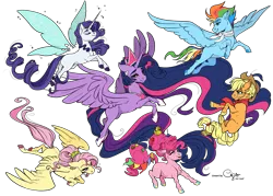Size: 5905x4220 | Tagged: safe, artist:cigarscigarettes, colorist:pone-dancer, derpibooru import, applejack, fluttershy, pinkie pie, princess twilight 2.0, rainbow dash, rarity, twilight sparkle, twilight sparkle (alicorn), alicorn, earth pony, pegasus, pony, unicorn, the last problem, absurd resolution, artificial wings, augmented, colored lineart, fairy wings, magic, magic wings, mane six, older, older applejack, older fluttershy, older mane six, older pinkie pie, older rainbow dash, older rarity, older twilight, signature, simple background, transparent background, wings