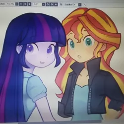 Size: 1080x1080 | Tagged: safe, artist:luluneusa, derpibooru import, sunset shimmer, twilight sparkle, equestria girls, colored pupils, female, lesbian, photo of computer screen, shipping, sunsetsparkle, wip