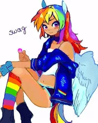 Size: 480x600 | Tagged: artist:luluneusa, belly button, boots, candy, choker, clothes, derpibooru import, eared humanization, fingerless gloves, food, gloves, human, humanized, jacket, lollipop, looking at you, midriff, off shoulder, rainbow dash, rainbow socks, safe, shoes, shorts, socks, solo, striped socks, swag, tailed humanization, winged humanization, wings