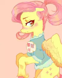 Size: 480x600 | Tagged: safe, artist:luluneusa, derpibooru import, fluttershy, pegasus, pony, alternate hairstyle, blouse, blushing, female, floppy ears, looking away, looking sideways, mare, ponytail, profile, simple background, solo, spread wings, unshorn fetlocks, wings