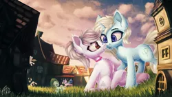 Size: 3200x1800 | Tagged: safe, artist:muggod, derpibooru import, derpy hooves, lyra heartstrings, octavia melody, sea swirl, seafoam, oc, oc:eula phi, oc:windbreaker, earth pony, pegasus, pony, unicorn, cloud, collar, commission, female, flying, giant pony, giantess, grass, group, house, jewelry, looking at each other, macro, mare, multicolored hair, necklace, open mouth, outdoors, ponyville, raised hoof, running, size difference, sky