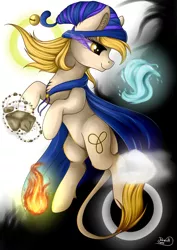 Size: 1024x1449 | Tagged: safe, artist:julunis14, derpibooru import, oc, oc:fate, unofficial characters only, earth pony, bell, cape, clothes, cloud, commission, darkness, elements, fire, hat, water