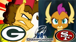 Size: 2289x1288 | Tagged: safe, deleted from derpibooru, derpibooru import, edit, edited screencap, screencap, cheese sandwich, smolder, dragon, earth pony, pinkie pride, what lies beneath, american football, dragoness, duo, female, green bay packers, nfc championship, nfl, nfl playoffs, rematch, san francisco 49ers, solo, sports