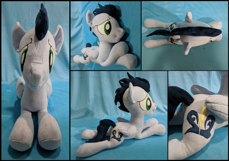 Size: 2480x1748 | Tagged: safe, artist:whirlwindflux, derpibooru import, soarin', pegasus, pony, folded wings, irl, male, photo, plushie, prone, solo, stallion, wings