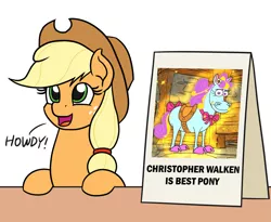 Size: 1719x1407 | Tagged: safe, artist:mkogwheel, derpibooru import, edit, applejack, earth pony, horse, pony, applejack's hat, applejack's sign, best pony, bow, caption, christopher walken, cloven hooves, cowboy hat, cute, daaaaaaaaaaaw, dave the barbarian, exploitable meme, female, flower, freckles, glow, hat, hooves on the table, howdy, jackabetes, mare, meme, open mouth, saddle, smiling, solo, sparkles, stable, tack, text, twinkle the marvel horse