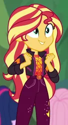 Size: 502x914 | Tagged: safe, derpibooru import, screencap, fluttershy, sci-twi, sunset shimmer, twilight sparkle, equestria girls, equestria girls series, sunset's backstage pass!, spoiler:eqg series (season 2), cropped, music festival outfit