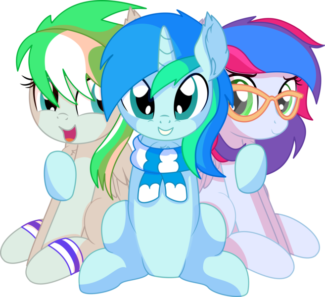 Size: 7665x6997 | Tagged: safe, artist:cyanlightning, derpibooru import, oc, oc:azure lightning, oc:cyan lightning, oc:emerald lightning, unofficial characters only, pegasus, pony, unicorn, .svg available, absurd resolution, brother and sister, clothes, colt, ear fluff, female, filly, folded wings, glasses, hug, lidded eyes, looking at you, male, open mouth, scarf, siblings, simple background, smiling, transparent background, trio, vector, wings