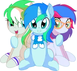 Size: 7665x6997 | Tagged: safe, artist:cyanlightning, derpibooru import, oc, oc:azure lightning, oc:cyan lightning, oc:emerald lightning, unofficial characters only, pegasus, pony, unicorn, .svg available, absurd resolution, brother and sister, clothes, colt, ear fluff, female, filly, folded wings, glasses, hug, lidded eyes, looking at you, male, open mouth, scarf, siblings, simple background, smiling, transparent background, trio, vector, wings