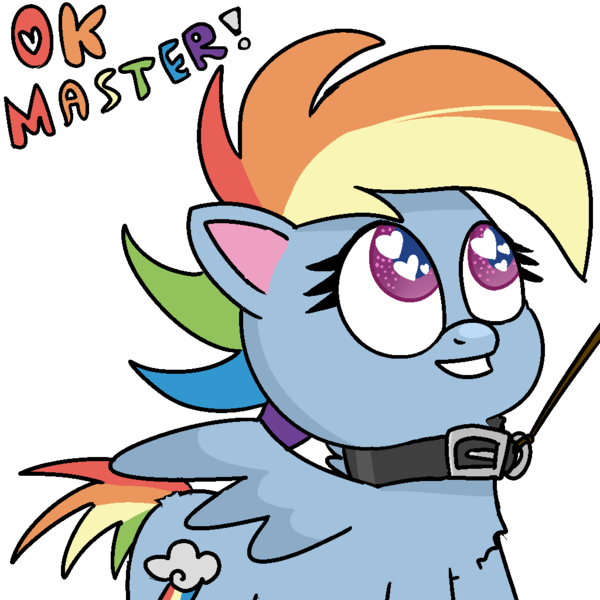 Size: 1024x1024 | Tagged: suggestive, artist:poniidesu, derpibooru import, rainbow dash, pegasus, pony, my little pony: pony life, collar, female, femsub, heart eyes, leash, looking up, mare, master, meme, ok boomer, pet play, pet-dash, simple background, smiling, solo, speech, submissive, talking, text, transparent background, wingding eyes, wings