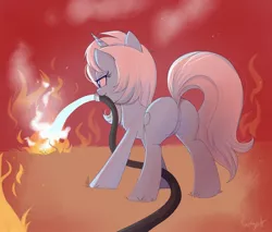 Size: 2047x1746 | Tagged: safe, artist:confetticakez, derpibooru import, oc, oc:eula phi, unofficial characters only, pony, unicorn, butt, fire, plot, water hose