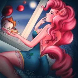 Size: 900x900 | Tagged: anthro, artist:kgfantasy, balloon, blushing, breasts, busty pinkie pie, butt, cake, derpibooru import, eating, food, full moon, human facial structure, it, moon, pinkie pie, suggestive