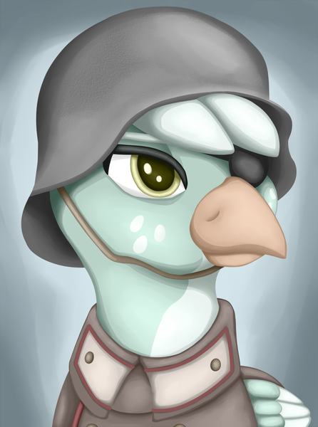 Size: 756x1016 | Tagged: safe, artist:cofido, derpibooru import, oc, oc:cecilia marshtail, unofficial characters only, gryphon, equestria at war mod, bust, clothes, eyepatch, general, gray background, griffon oc, helmet, military uniform, portrait, simple background, solo, stahlhelm, uniform