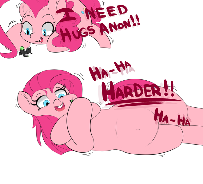 Size: 2200x2000 | Tagged: safe, artist:askcanadash, derpibooru import, pinkie pie, oc, oc:anon, pony, dialogue, giant pony, hug, macro, micro, pinkamena diane pie, size difference