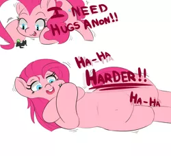 Size: 2200x2000 | Tagged: safe, artist:askcanadash, derpibooru import, pinkie pie, oc, oc:anon, pony, dialogue, giant pony, hug, macro, micro, pinkamena diane pie, size difference