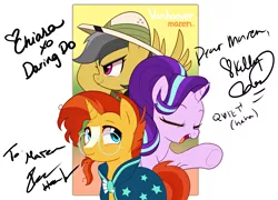 Size: 5000x3600 | Tagged: safe, artist:maren, derpibooru import, daring do, starlight glimmer, sunburst, pegasus, pony, unicorn, autograph, chiara zanni, eyes closed, female, high res, ian hanlin, kelly sheridan, male, mare, open mouth, signature, stallion, vanhoover, vanhoover pony expo 2020