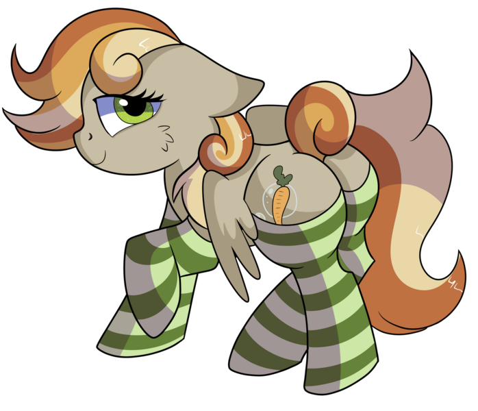 Size: 1280x1101 | Tagged: safe, artist:rainbowtashie, author:bigonionbean, derpibooru import, carrot top, derpy hooves, golden harvest, oc, oc:clumsy carrot, earth pony, pegasus, pony, adorable face, butt, clothes, commissioner:bigonionbean, cute, cutie mark, embarrassed, flank, fusion, fusion:clumsy carrot, meme, plot, seductive pose, socks, solo, striped socks, sultry pose