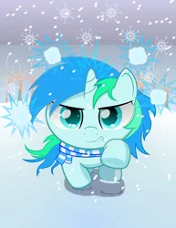 Size: 1669x2160 | Tagged: artist:spellboundcanvas, clothes, cute, derpibooru import, hoofprints, it's coming right at us, magic, magic aura, oc, oc:cyan lightning, safe, scarf, snow, snowball, snowfall, snowflake, tree, unofficial characters only