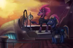 Size: 2000x1321 | Tagged: safe, artist:stasushka, derpibooru import, tempest shadow, oc, oc:blue star, pony, unicorn, airship, armor, broken horn, duo, glasses, horn, skiff