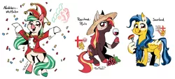 Size: 2106x950 | Tagged: safe, artist:taritoons, derpibooru import, oc, oc:spring rose, ponified, unnamed oc, unofficial characters only, earth pony, pegasus, pony, alcohol, carnival, clothes, confetti, food, germany, hat, meat, nation ponies, ponies eating meat, sausage, uniform, wine, wing hands, wings