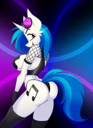 Size: 822x1122 | Tagged: suggestive, artist:lil miss jay, derpibooru import, vinyl scratch, anthro, unicorn, full service playing cards, big breasts, boots, breasts, busty vinyl scratch, clothes, curvy, cutie mark, dress, erotica, female, fishnets, glasses, leather, nipple tape, pasties, rave, shoes, side slit, sideboob, socks, solo, solo female, stockings, thigh boots, thigh highs, underboob