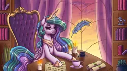 Size: 3840x2160 | Tagged: safe, artist:pitchyy, derpibooru import, princess celestia, alicorn, pony, book, bookshelf, candle, chair, crown, cup, female, hoof shoes, inkwell, jewelry, looking at you, magic, magic aura, mare, peytral, quill, regalia, scroll, sitting, solo, teacup, telekinesis, window