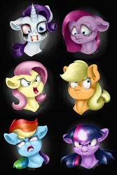 Size: 2000x3000 | Tagged: safe, artist:valemjj, derpibooru import, applejack, fluttershy, pinkie pie, rainbow dash, rarity, twilight sparkle, pony, anti-elements, evil mane six, head, mane six, mean six, pinkamena diane pie