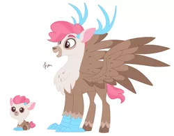 Size: 2468x1934 | Tagged: adopted offspring, artist:polymercorgi, deer, deer pony, derpibooru import, oc, oc:brown butter vanilla bean popcorn chocolate cupcake, oc:vanilla bean, oopsverse, original species, parent:pinkie pie, peryton, safe, solo, unofficial characters only