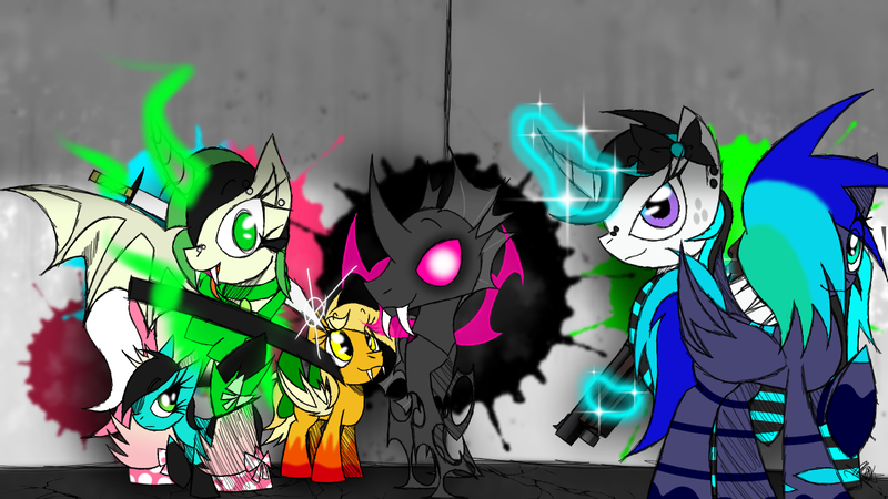 Size: 1280x720 | Tagged: safe, alternate version, artist:didun850, derpibooru import, oc, oc:chilling, oc:dull, oc:feather breeze, oc:hydro rose, oc:mango, oc:samm, unofficial characters only, alicorn, bat pony, changeling, changepony, hybrid, pegasus, pony, alicorn oc, bat pony oc, bat wings, clothes, curved horn, disguise, disguised changeling, ear piercing, earring, fangs, female, freckles, glowing horn, gun, hair over eyes, horn, jewelry, magic, mare, pegasus oc, piercing, pink changeling, raised hoof, signature, socks, striped socks, telekinesis, weapon, wings