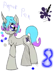 Size: 888x1150 | Tagged: safe, artist:didun850, derpibooru import, oc, oc:paper pen, unofficial characters only, pony, unicorn, chest fluff, eye clipping through hair, female, glow, horn, mare, raised hoof, reference sheet, signature, simple background, smiling, solo, sombra eyes, text, transparent background, unicorn oc