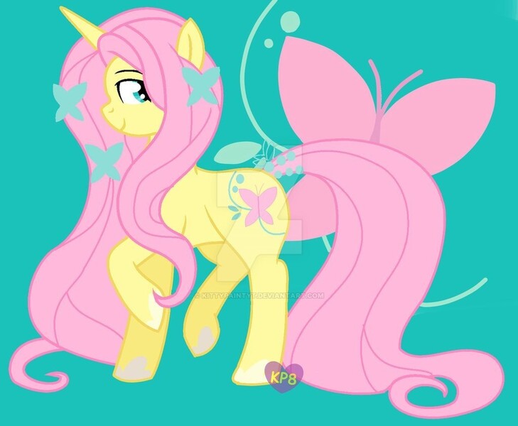 Size: 1024x843 | Tagged: safe, artist:kittypaintyt, derpibooru import, fluttershy, butterfly, pony, unicorn, leak, spoiler:g5, female, fluttershy (g5), g5, mare, redesign, simple background, unicorn fluttershy