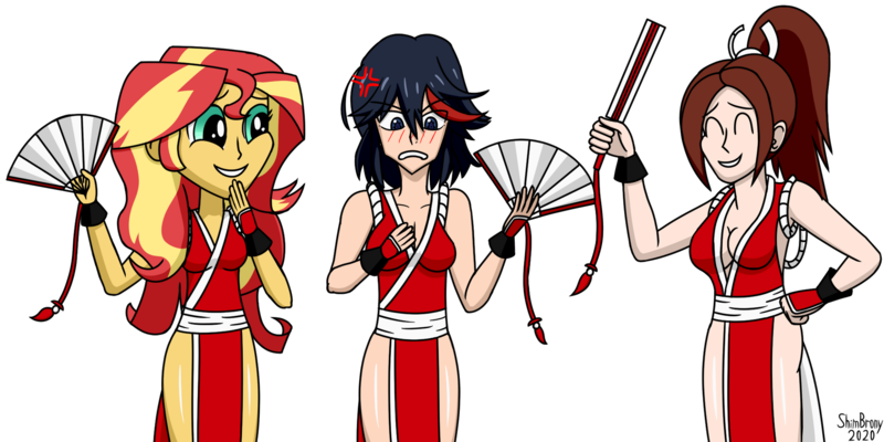 Size: 1920x960 | Tagged: safe, artist:toonalexsora007, derpibooru import, sunset shimmer, human, equestria girls, ami koshimizu, clothes, cosplay, costume, crossover, fan, fatal fury, female, japanese, kill la kill, king of fighters, mai shiranui, ryuko matoi, voice actor joke