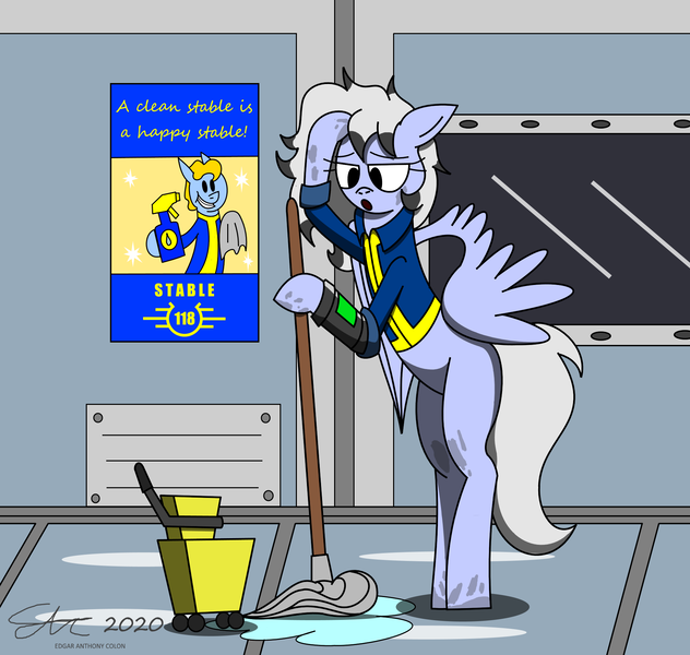 Size: 1943x1846 | Tagged: artist:derpanater, bucket, clothes, derpibooru import, dirty, fallout equestria, mop, oc, oc:custodia, pegasus, pipbuck, poster, safe, stable, unofficial characters only, vault suit